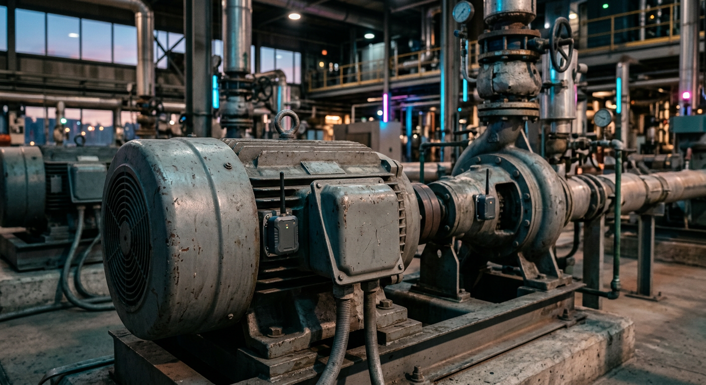 Wireless vibration sensors mounted on an industrial motor and pump