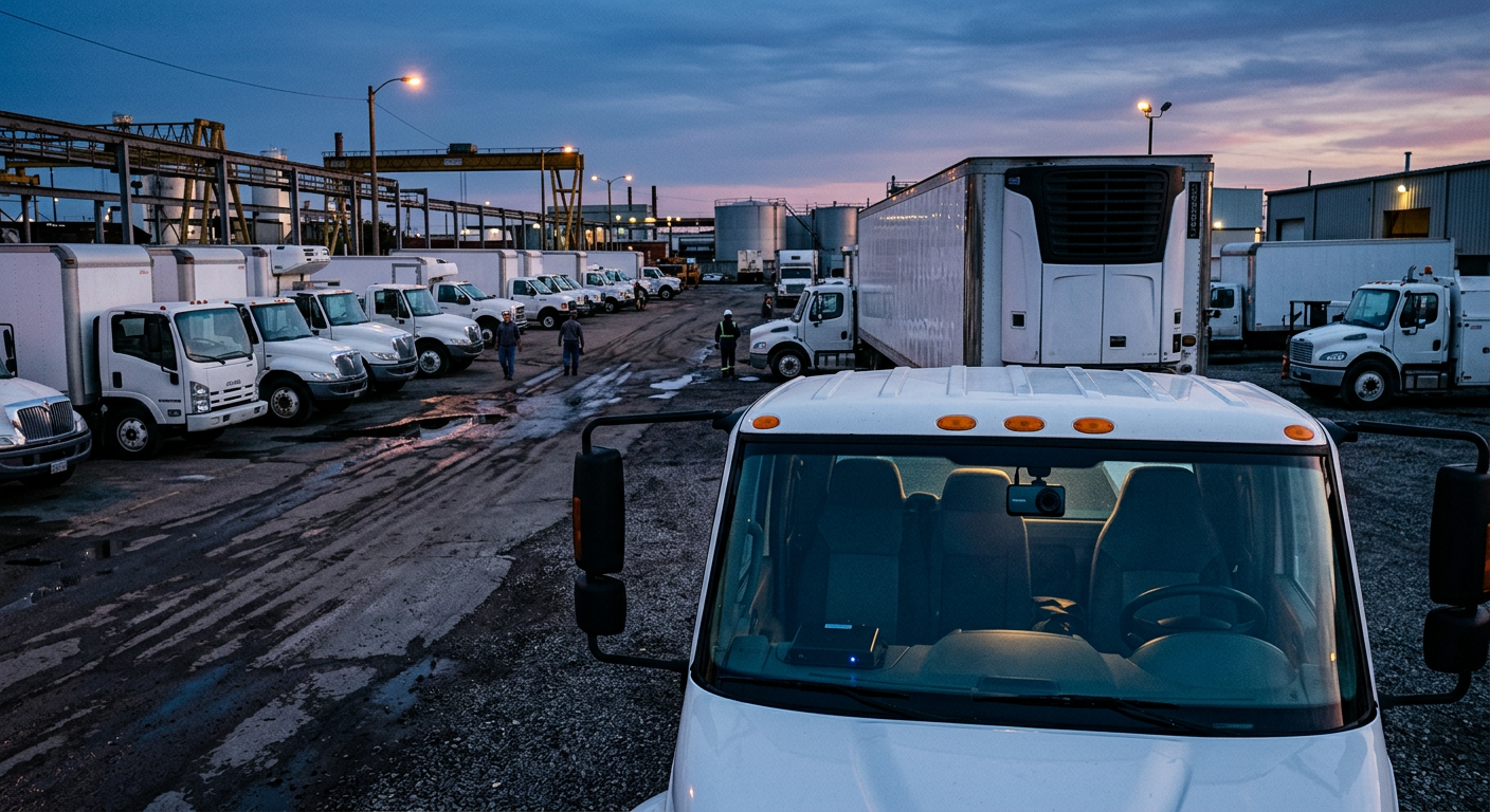 Fleet of service trucks parked at an industrial site