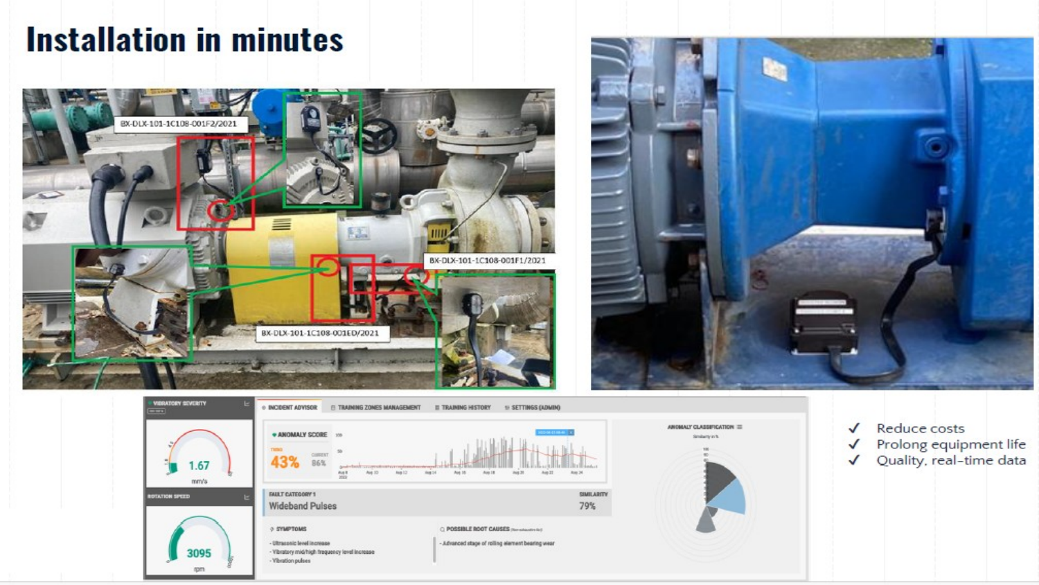 AES LNG Panama — BoB / Watteco sensors installed on pumps and motors with Incident Advisor automatic diagnosis screen