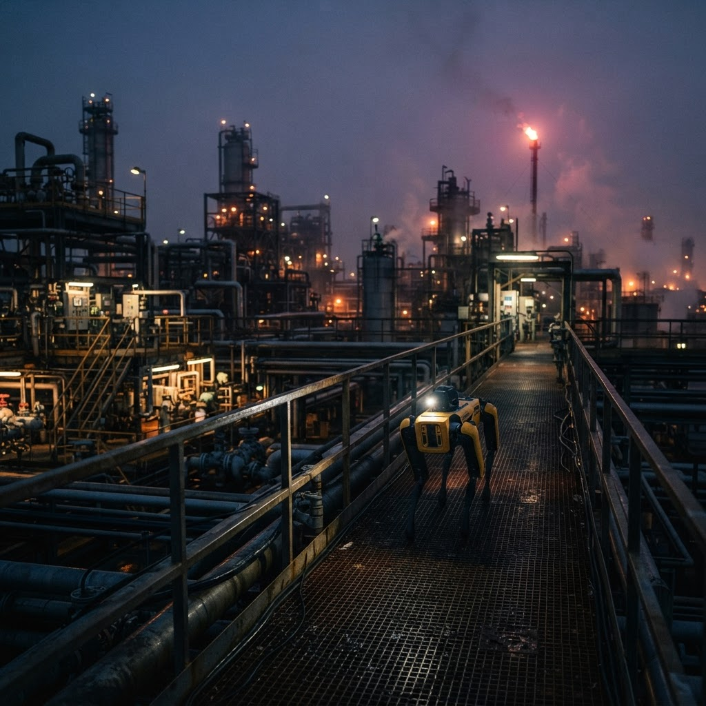 Boston Dynamics Spot robot walking through an industrial plant at dusk