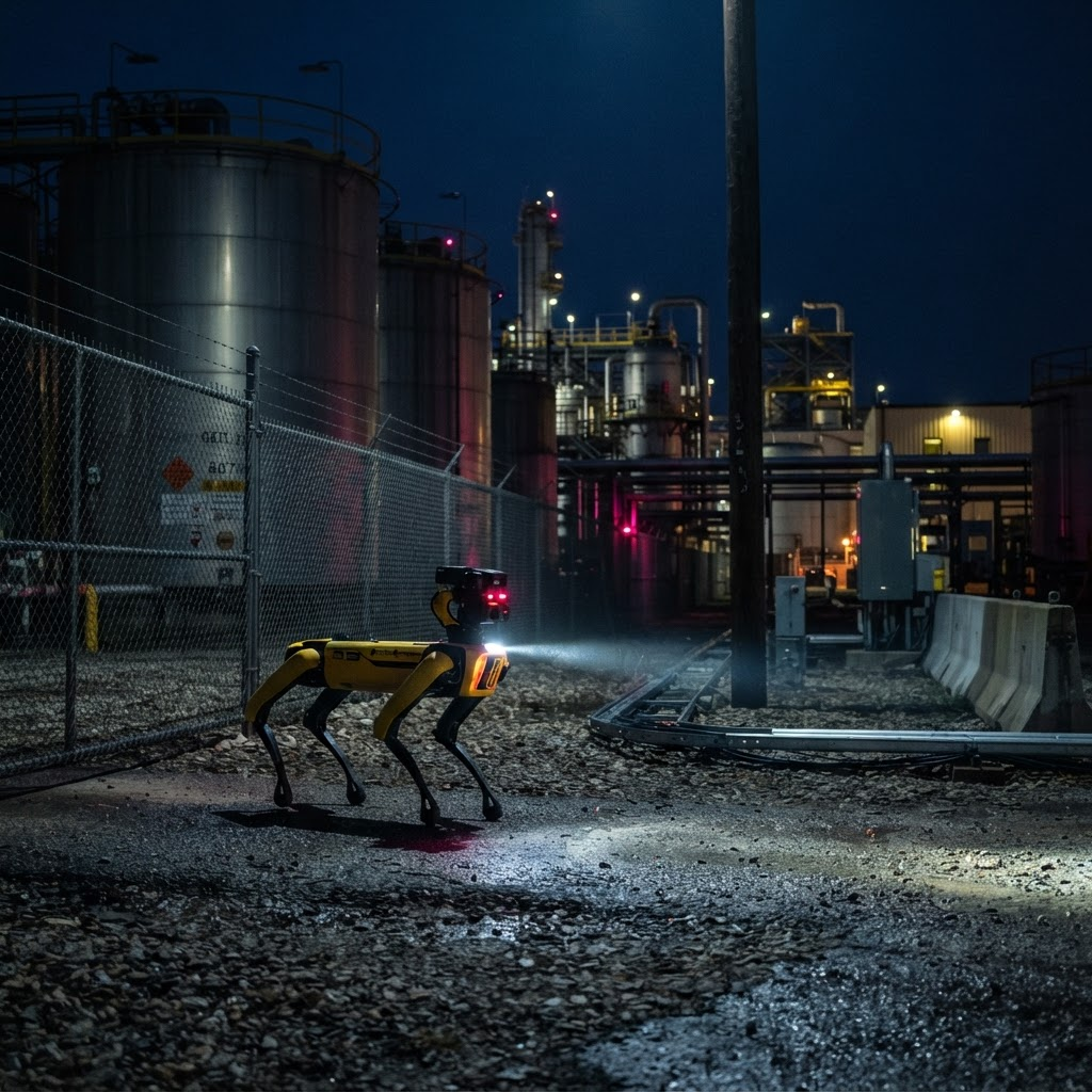 Spot robot patrolling an industrial yard at night