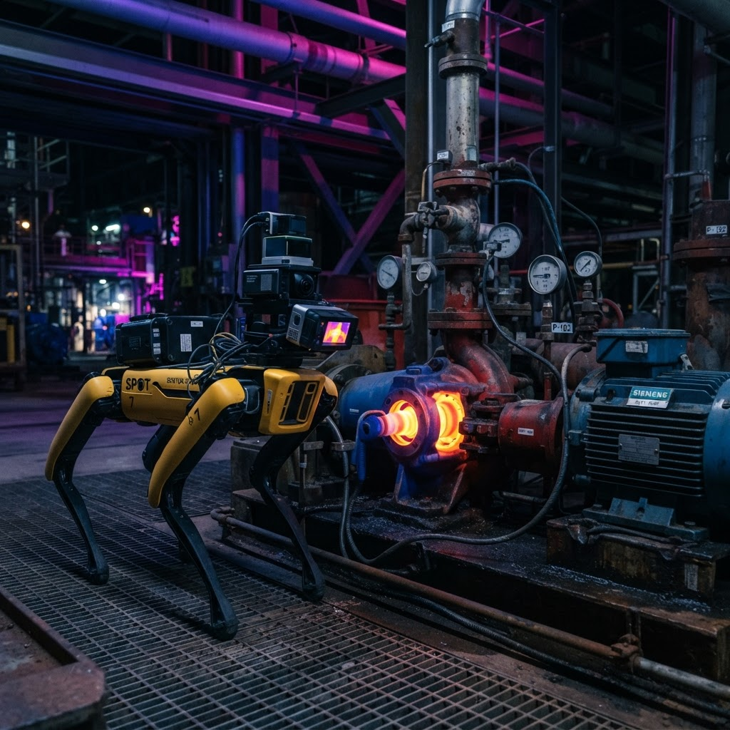 Spot robot inspecting an industrial pump with a thermal camera