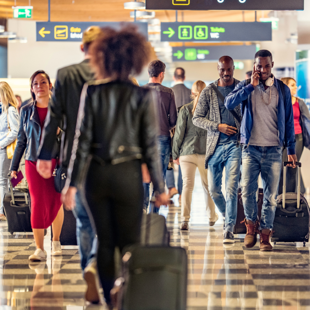 A busy airport corridor.